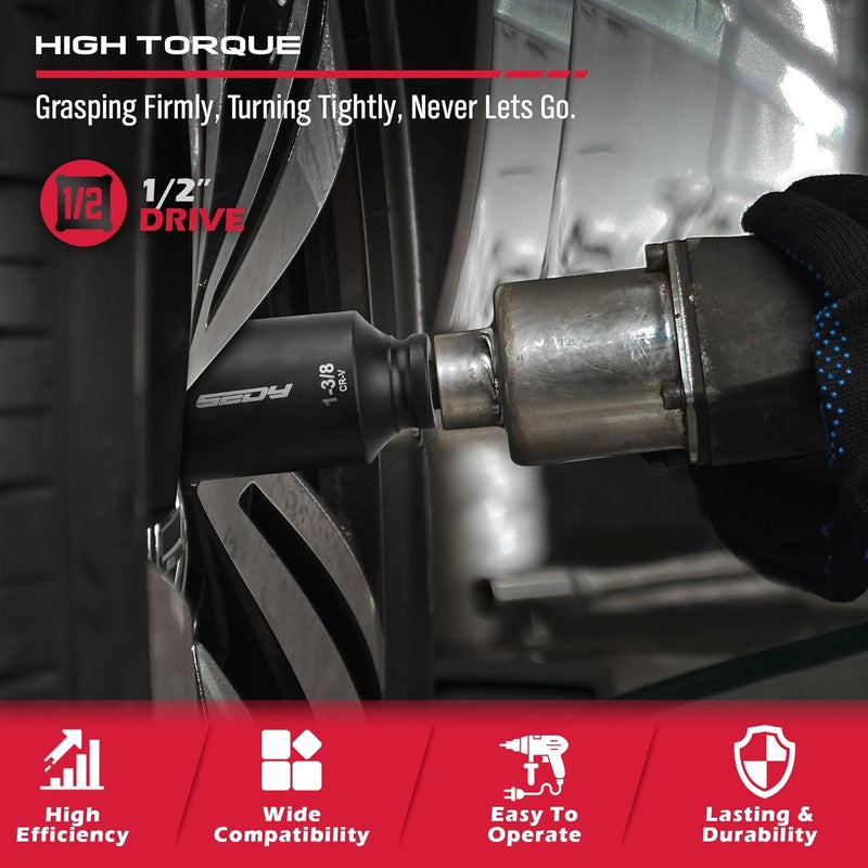 SEDY SAE Deep Impact Socket Set 8-Piece 1/2-inch Drive Wheel Axle Nut Wrench Large Sockets Standard Adapter 1-11/16 1-9/16 1-3/8 1-7/16 1-1/2 1-5/8 1-3/4 Imperial Spindle Joint Torque Bearing Locknut Truck - Image 2